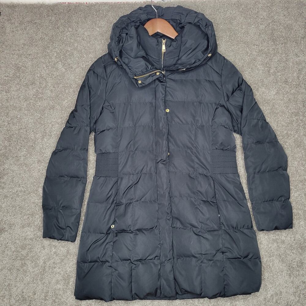 Cole Haan Black Signature Hooded 32" Box Quilt Feather Down Coat Womens Size L